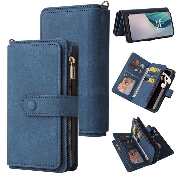 Luxury Multi-functional Zipper Wallet Leather Phone Case Cover for OnePlus Nord N10 5G - Blue