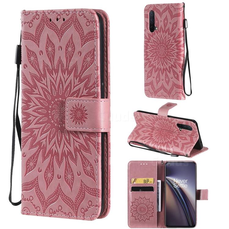 Embossing Sunflower Leather Wallet Case for OnePlus Nord CE 5G (Nord Core Edition 5G) - Pink