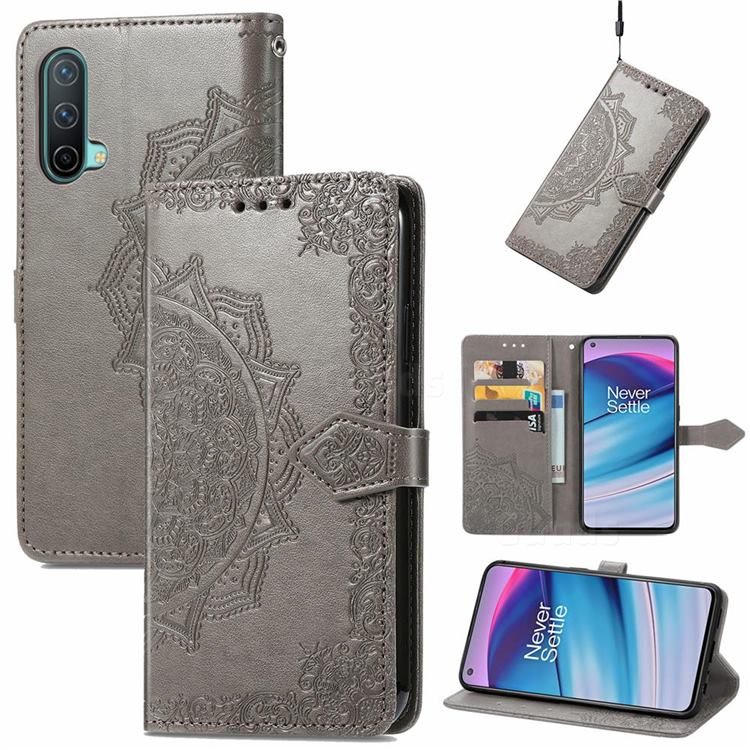 Embossing Imprint Mandala Flower Leather Wallet Case for OnePlus Nord CE 5G (Nord Core Edition 5G) - Gray