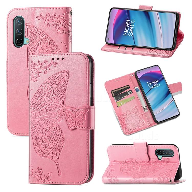 Embossing Mandala Flower Butterfly Leather Wallet Case for OnePlus Nord CE 5G (Nord Core Edition 5G) - Pink