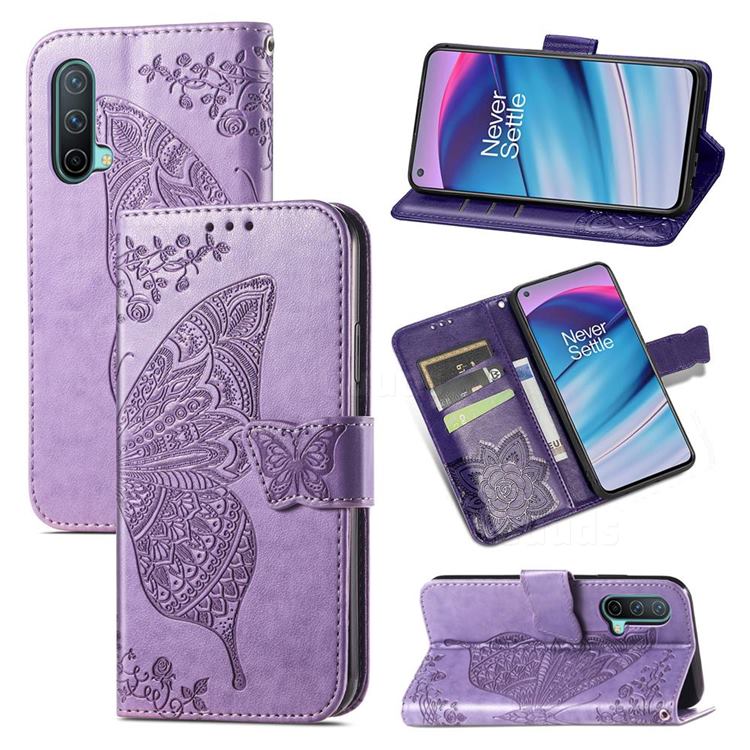 Embossing Mandala Flower Butterfly Leather Wallet Case for OnePlus Nord CE 5G (Nord Core Edition 5G) - Light Purple