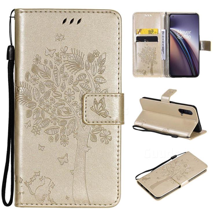 Embossing Butterfly Tree Leather Wallet Case for OnePlus Nord CE 5G (Nord Core Edition 5G) - Champagne