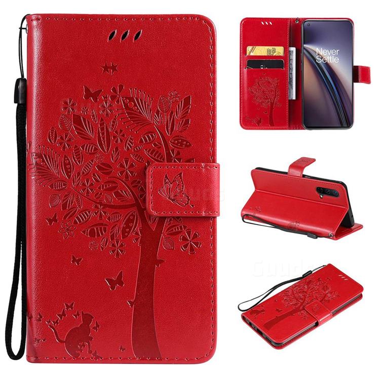 Embossing Butterfly Tree Leather Wallet Case for OnePlus Nord CE 5G (Nord Core Edition 5G) - Red