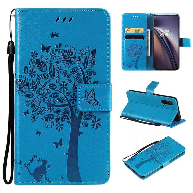 Embossing Butterfly Tree Leather Wallet Case for OnePlus Nord CE 5G (Nord Core Edition 5G) - Blue