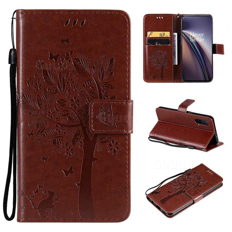 Embossing Butterfly Tree Leather Wallet Case for OnePlus Nord CE 5G (Nord Core Edition 5G) - Coffee