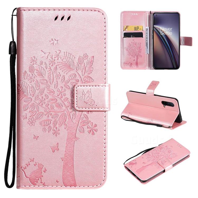 Embossing Butterfly Tree Leather Wallet Case for OnePlus Nord CE 5G (Nord Core Edition 5G) - Rose Pink