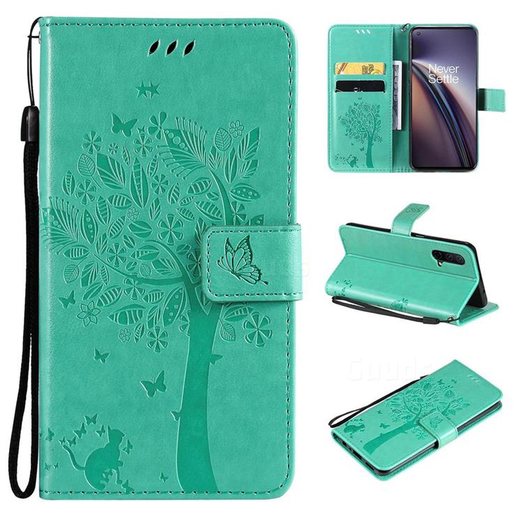 Embossing Butterfly Tree Leather Wallet Case for OnePlus Nord CE 5G (Nord Core Edition 5G) - Cyan