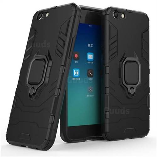 Black Panther Armor Metal Ring Grip Shockproof Dual Layer Rugged Hard Cover for Oppo A39 - Black