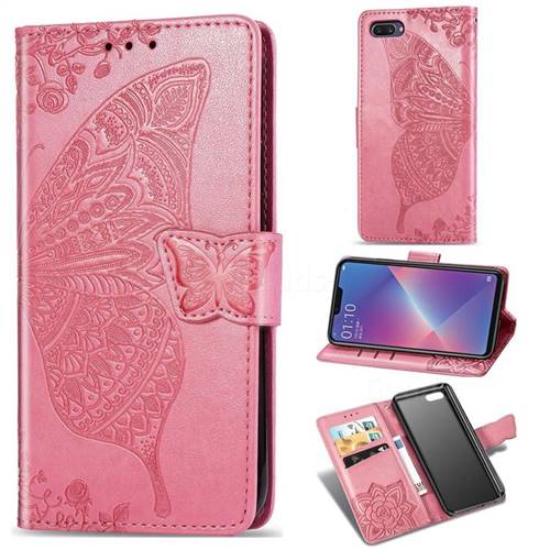 Embossing Mandala Flower Butterfly Leather Wallet Case for Oppo A3s (Oppo A5) - Pink