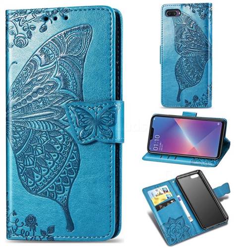 Embossing Mandala Flower Butterfly Leather Wallet Case for Oppo A3s (Oppo A5) - Blue