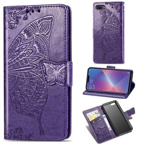 Embossing Mandala Flower Butterfly Leather Wallet Case for Oppo A3s (Oppo A5) - Dark Purple