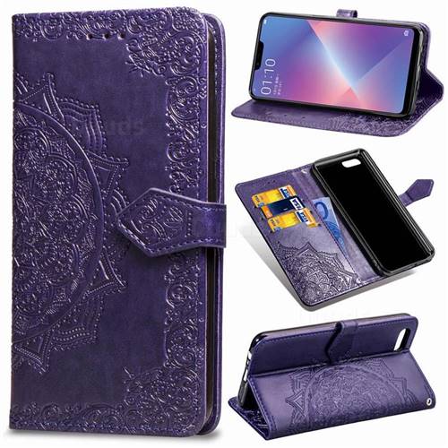Embossing Imprint Mandala Flower Leather Wallet Case for Oppo A3s (Oppo A5) - Purple