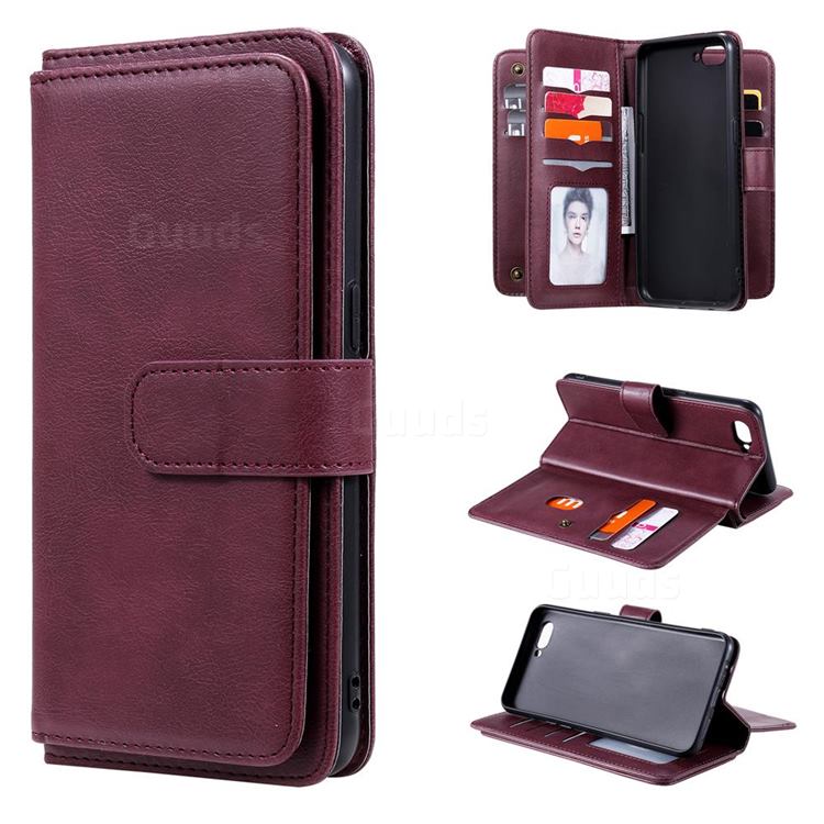 Multi-function Ten Card Slots and Photo Frame PU Leather Wallet Phone Case Cover for Oppo A3s (Oppo A5) - Claret
