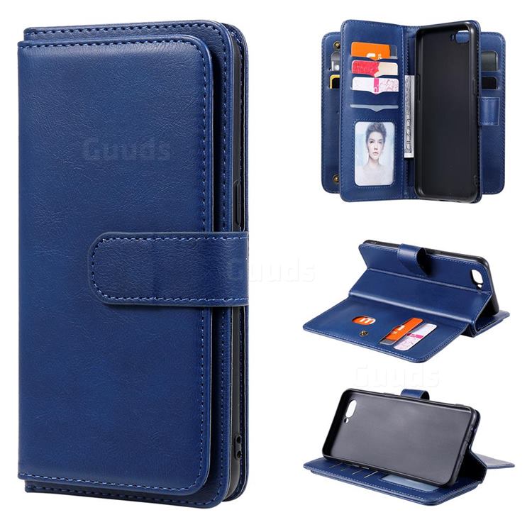 Multi-function Ten Card Slots and Photo Frame PU Leather Wallet Phone Case Cover for Oppo A3s (Oppo A5) - Dark Blue