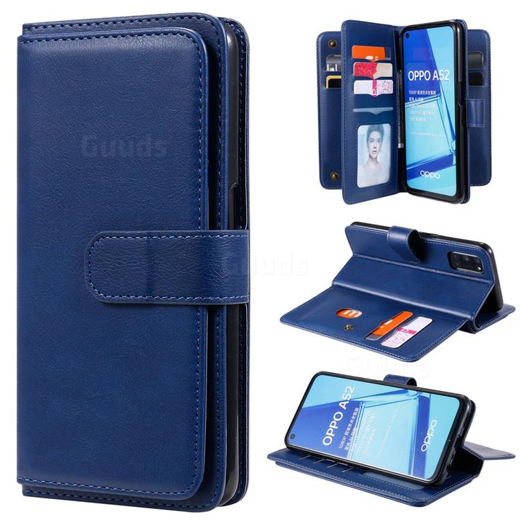 Multi-function Ten Card Slots and Photo Frame PU Leather Wallet Phone Case Cover for Oppo A52 - Dark Blue