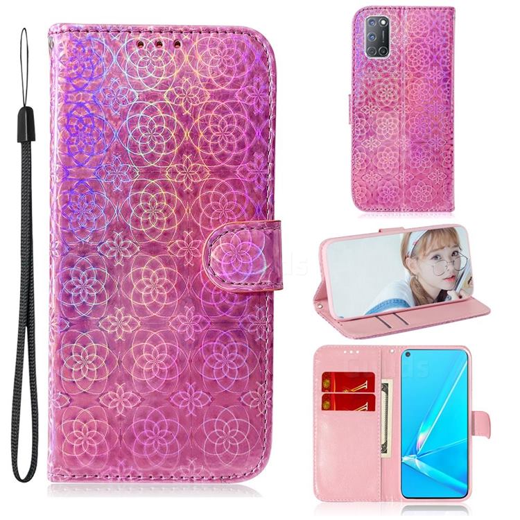 Laser Circle Shining Leather Wallet Phone Case for Oppo A52 - Pink