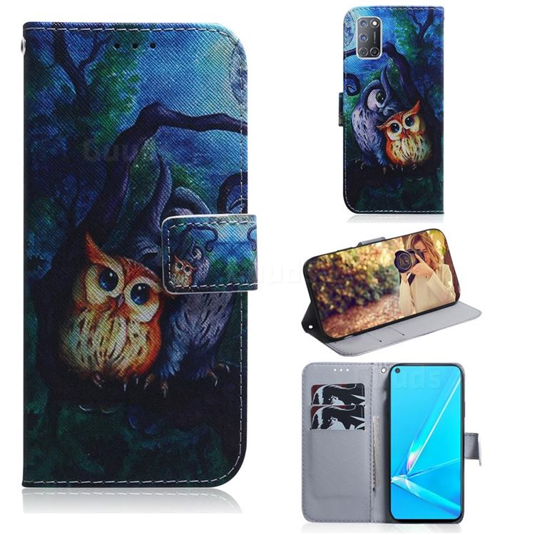 Oil Painting Owl PU Leather Wallet Case for Oppo A52