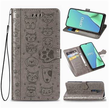 Embossing Dog Paw Kitten and Puppy Leather Wallet Case for Oppo A5 (2020) - Gray