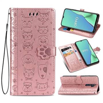 Embossing Dog Paw Kitten and Puppy Leather Wallet Case for Oppo A5 (2020) - Rose Gold