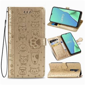 Embossing Dog Paw Kitten and Puppy Leather Wallet Case for Oppo A5 (2020) - Champagne Gold