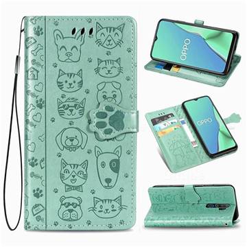 Embossing Dog Paw Kitten and Puppy Leather Wallet Case for Oppo A5 (2020) - Green