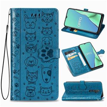 Embossing Dog Paw Kitten and Puppy Leather Wallet Case for Oppo A5 (2020) - Blue