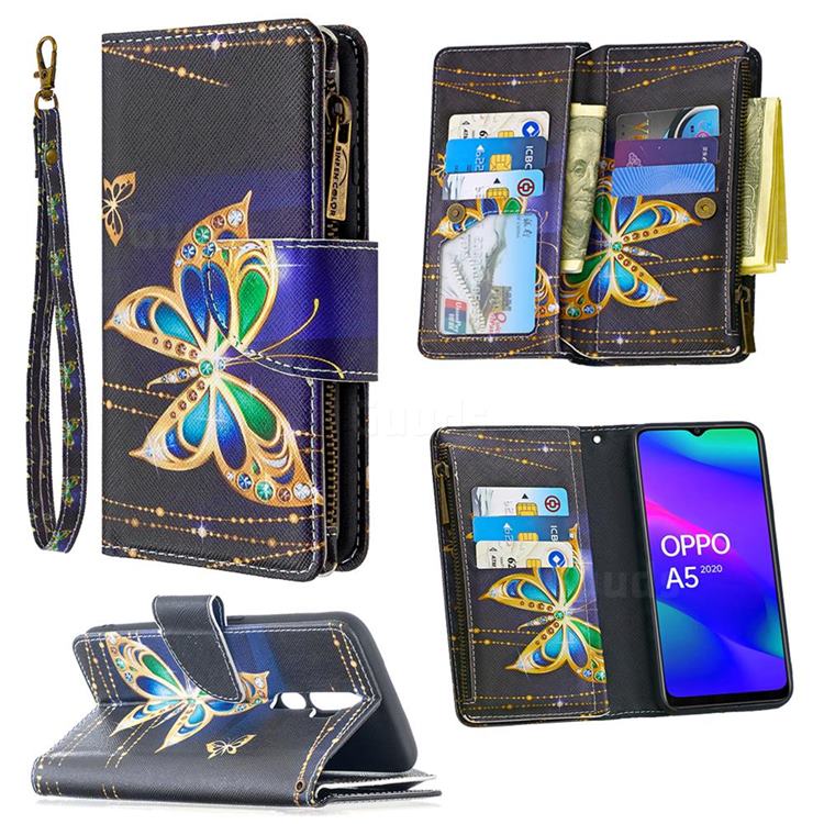 Golden Shining Butterfly Binfen Color BF03 Retro Zipper Leather Wallet Phone Case for Oppo A5 (2020)