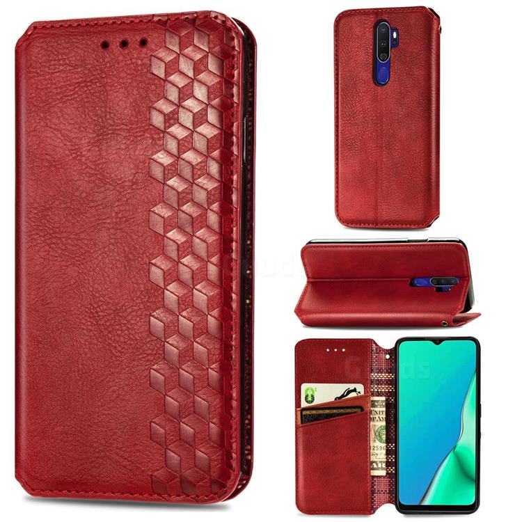 Ultra Slim Fashion Business Card Magnetic Automatic Suction Leather Flip Cover for Oppo A5 (2020) - Red