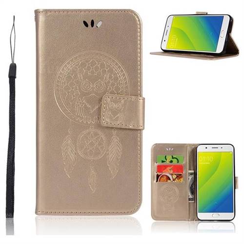 Intricate Embossing Owl Campanula Leather Wallet Case for Oppo A59 - Champagne