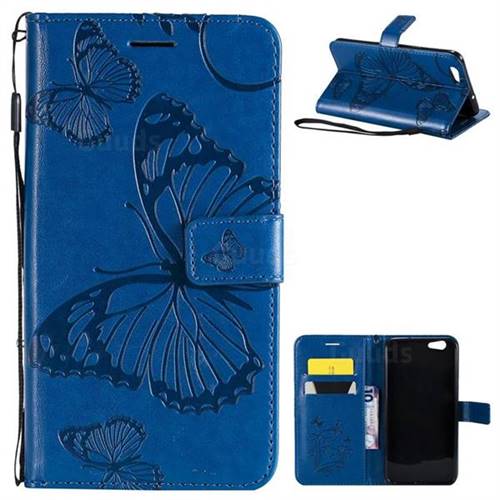 Embossing 3D Butterfly Leather Wallet Case for Oppo A59 - Blue