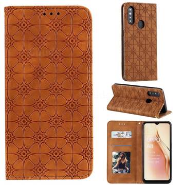 Intricate Embossing Four Leaf Clover Leather Wallet Case for Oppo A8 - Yellowish Brown