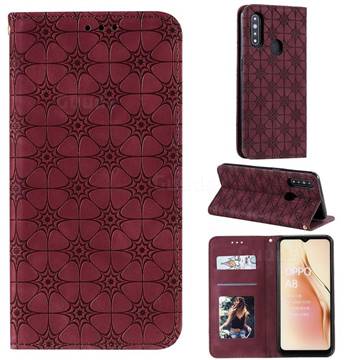 Intricate Embossing Four Leaf Clover Leather Wallet Case for Oppo A8 - Claret