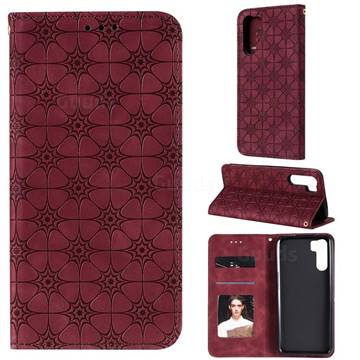 Intricate Embossing Four Leaf Clover Leather Wallet Case for Oppo A91 - Claret