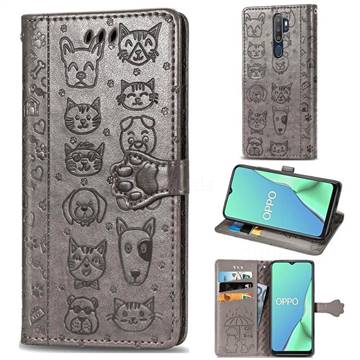 Embossing Dog Paw Kitten and Puppy Leather Wallet Case for Oppo A9 (2020) - Gray