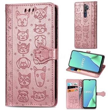 Embossing Dog Paw Kitten and Puppy Leather Wallet Case for Oppo A9 (2020) - Rose Gold