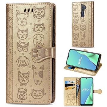 Embossing Dog Paw Kitten and Puppy Leather Wallet Case for Oppo A9 (2020) - Champagne Gold
