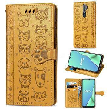 Embossing Dog Paw Kitten and Puppy Leather Wallet Case for Oppo A9 (2020) - Yellow