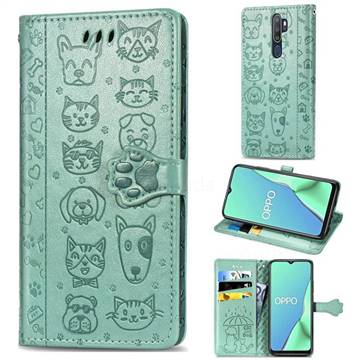 Embossing Dog Paw Kitten and Puppy Leather Wallet Case for Oppo A9 (2020) - Green