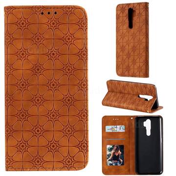 Intricate Embossing Four Leaf Clover Leather Wallet Case for Oppo A9 (2020) - Yellowish Brown