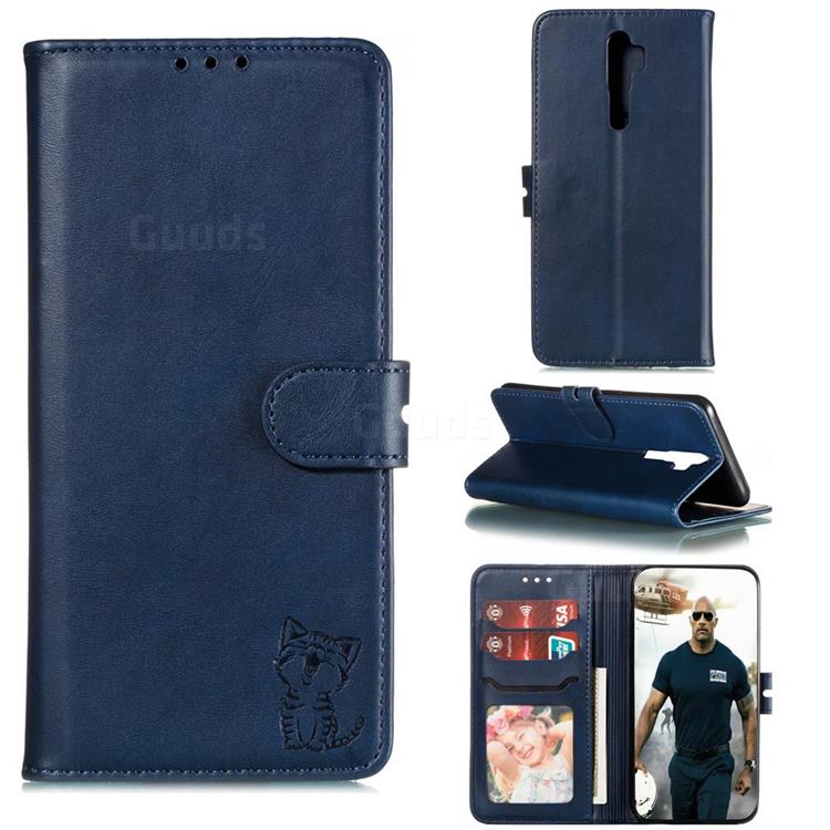 Embossing Happy Cat Leather Wallet Case for Oppo A9 (2020) - Blue
