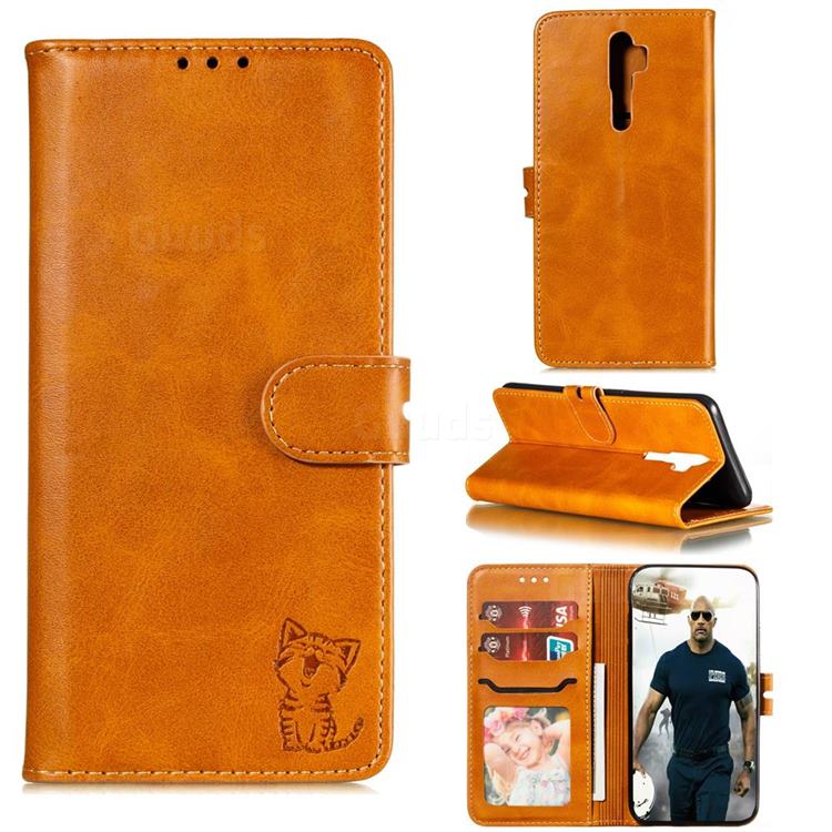 Embossing Happy Cat Leather Wallet Case for Oppo A9 (2020) - Yellow