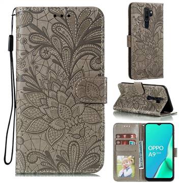 Intricate Embossing Lace Jasmine Flower Leather Wallet Case for Oppo A9 (2020) - Gray