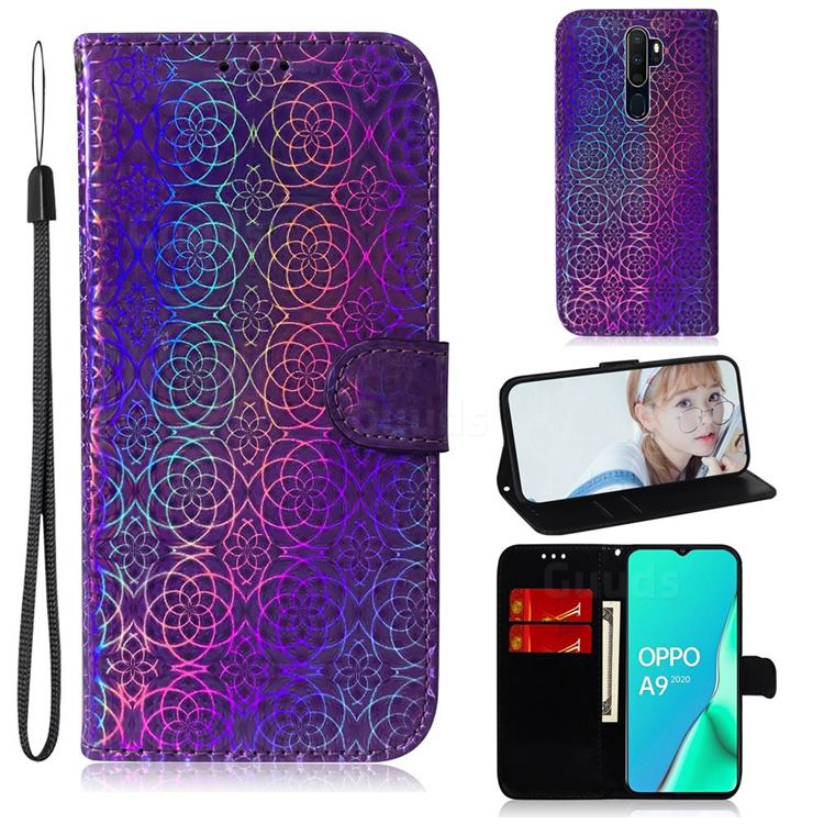 Laser Circle Shining Leather Wallet Phone Case for Oppo A9 (2020) - Purple