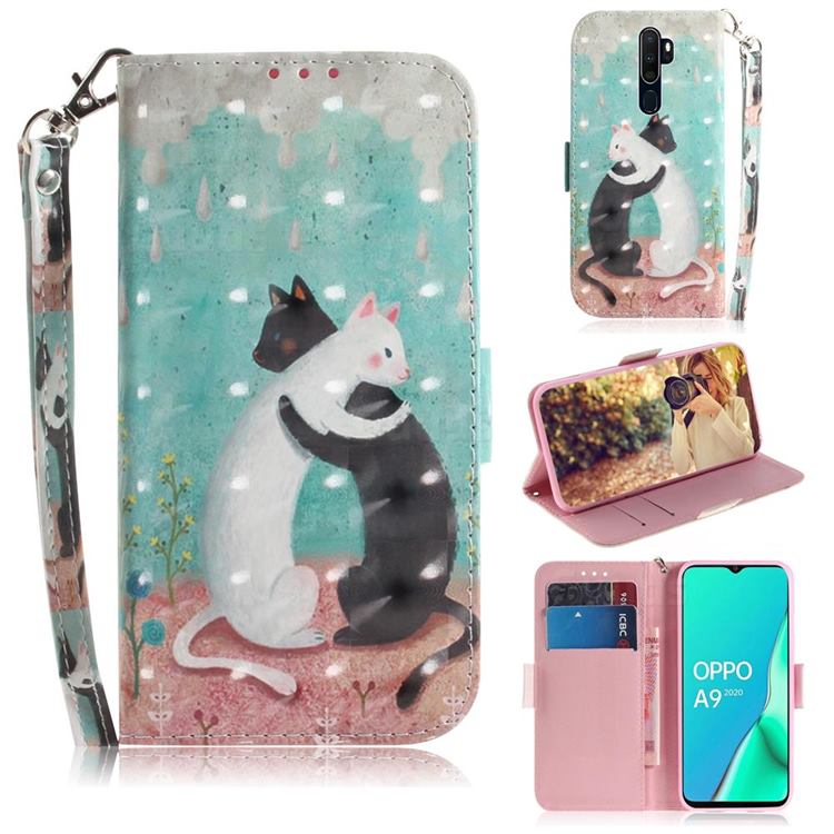 Black and White Cat 3D Painted Leather Wallet Phone Case for Oppo A9 (2020)