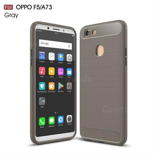 Luxury Carbon Fiber Brushed Wire Drawing Silicone TPU Back Cover for Oppo F5 - Gray