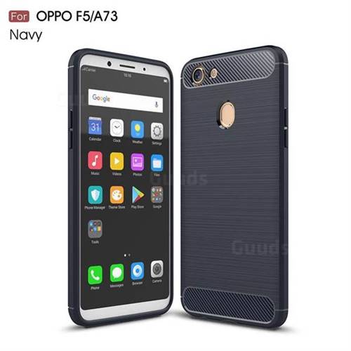 Luxury Carbon Fiber Brushed Wire Drawing Silicone TPU Back Cover for Oppo F5 - Navy
