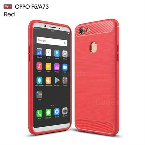 Luxury Carbon Fiber Brushed Wire Drawing Silicone TPU Back Cover for Oppo F5 - Red