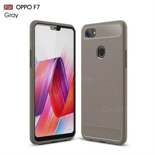 Luxury Carbon Fiber Brushed Wire Drawing Silicone TPU Back Cover for Oppo F7 - Gray
