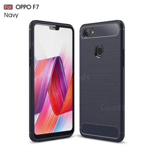 Luxury Carbon Fiber Brushed Wire Drawing Silicone TPU Back Cover for Oppo F7 - Navy