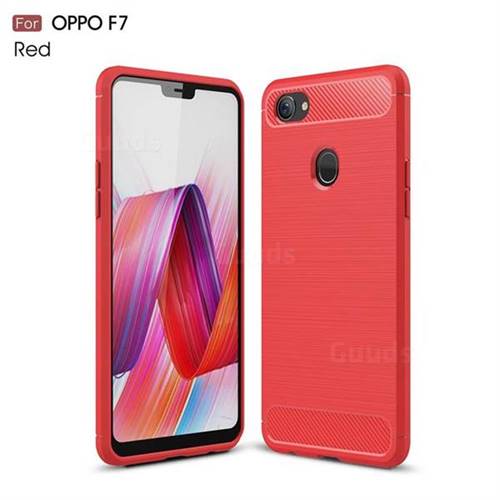 Luxury Carbon Fiber Brushed Wire Drawing Silicone TPU Back Cover for Oppo F7 - Red